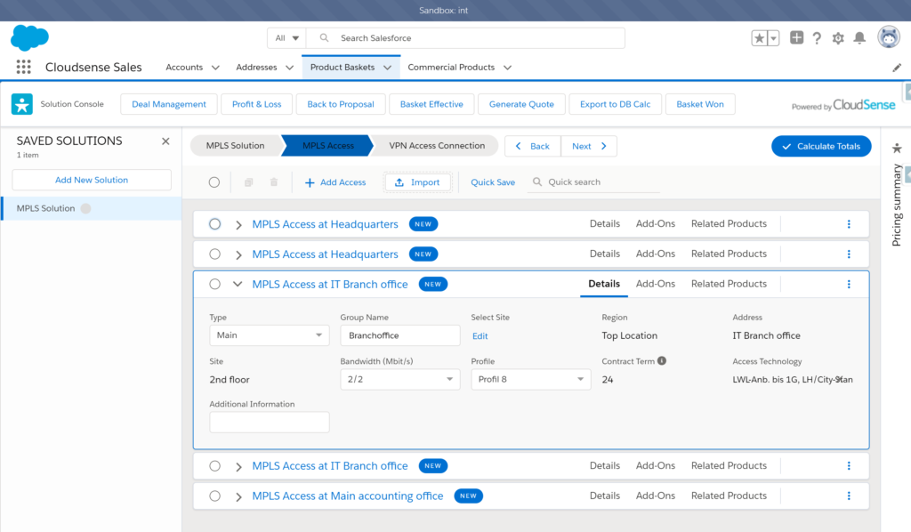 CloudSense solution console A1 Telekom